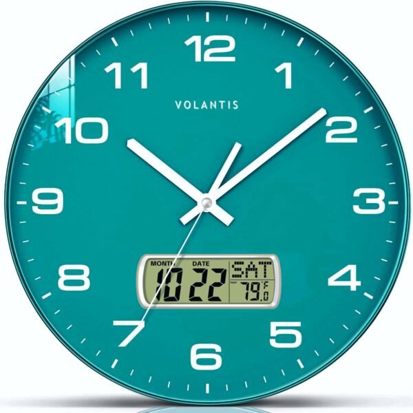 VOLANTIS 12 Inch Non-Ticking Silent Wall Clock with LCD Display for Perpetual Calendar and C° Temperature, Ideal Modern Stylish Clock for Home, Living Room, Bedroom, Office (Green)
