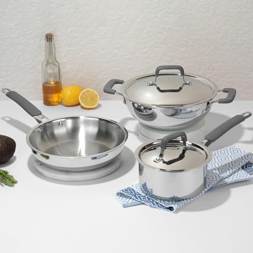 Vinod Luxury Edition Triply Stainless Steel Cookware Set 5 Pc - Superior Finish, Cool Grip Handles, Mastercrafted Durability | 100% Safe, Non-Toxic, Nickel-Free | Frypan + Kadai & Saucepan with 2 Lids
