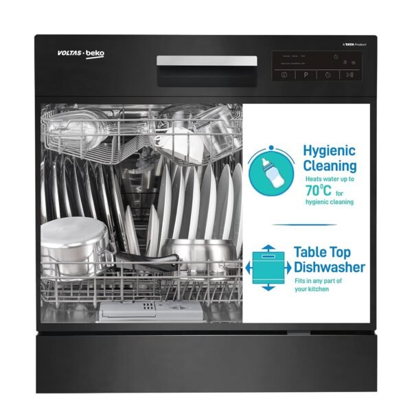 Voltas Beko, A Tata Product, 8‑Place Settings(fits up to 45 utensils) Table top Dishwasher, Suitable for All Types of Utensils (DT8B, Black) with Hygiene Wash