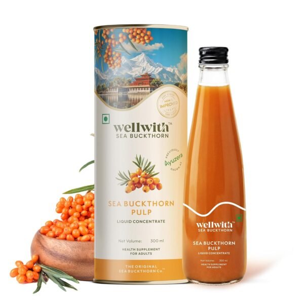 Wellwith Himalayan Sea Buckthorn Juice Concentrate 300ml | Cold-Pressed | Vitamin C, Omega 3 6 7 9 | Skin Glow | Seabuckthorn Juice (Upto 50 Glasses)