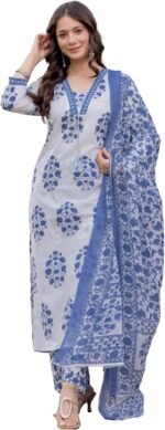 Women's Pure Cotton Printed Straight Kurta Set with Palazzo Pants & Dupatta- Ethnic Wear